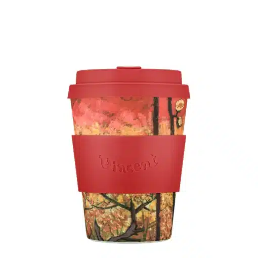 Reusable coffee mug 'VGM Flowering Plum Orchard' 12 oz 360 ml with lid and sleeve